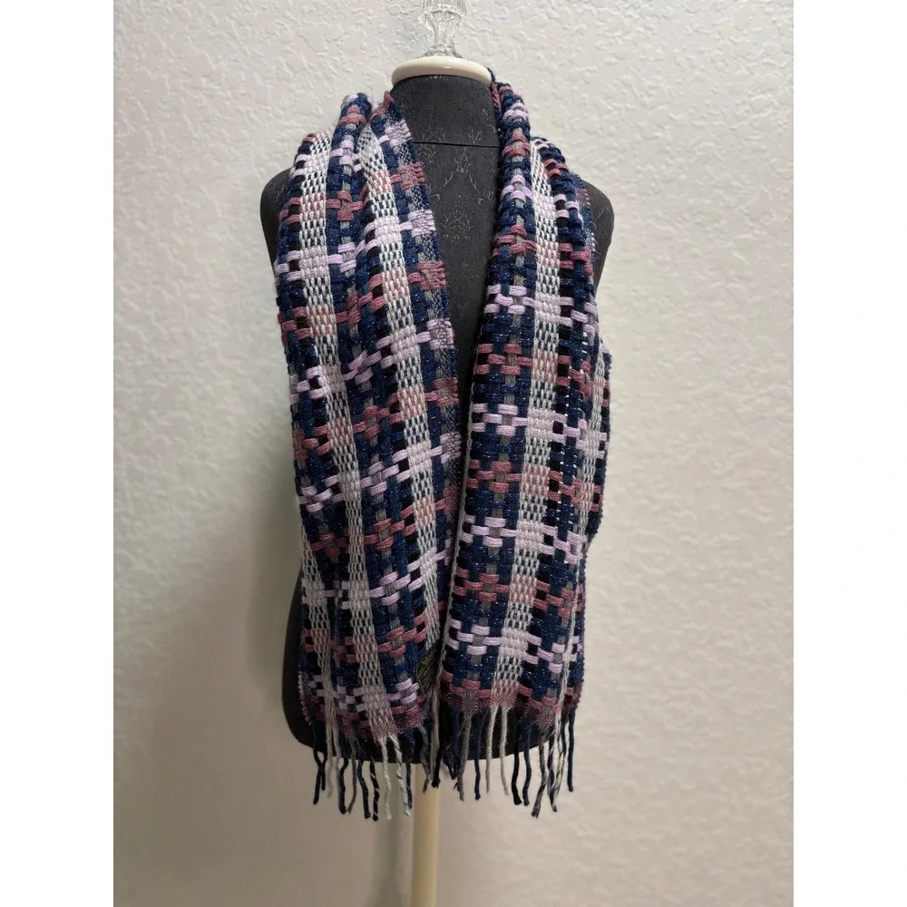 Italian Lambswool Acrylic Blend Plaid‎ Fringe Scarf Blue Pink Gray Sparkle
